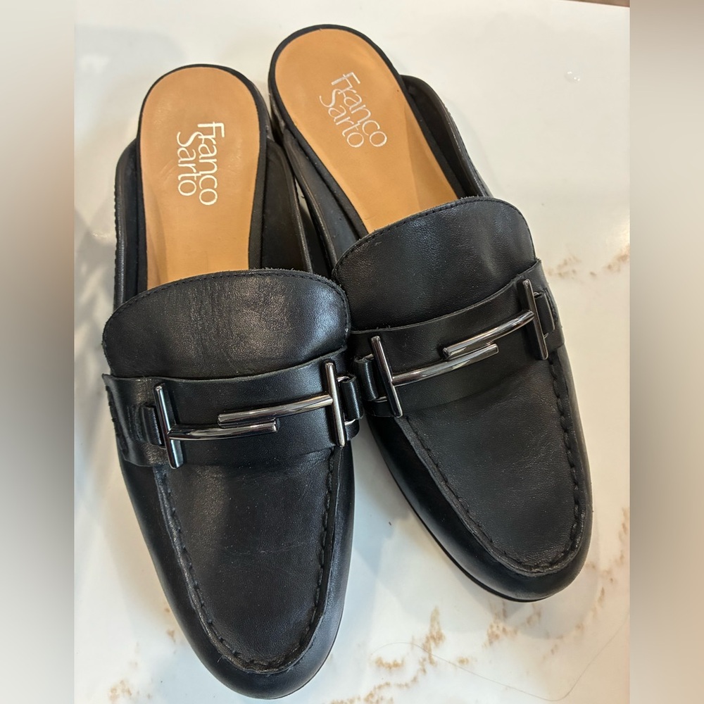 Franco Sarto Black Leather Backless Mules